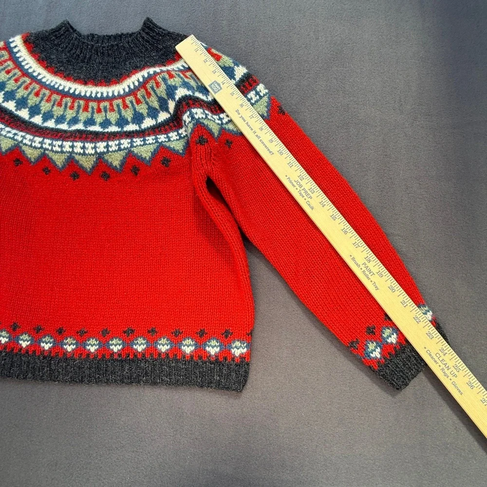 Eddie Bauer Fair Isle Wool Sweater Womens S Red Nordic Crew Neck Heavy Knit